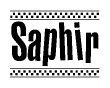The clipart image displays the text Saphir in a bold, stylized font. It is enclosed in a rectangular border with a checkerboard pattern running below and above the text, similar to a finish line in racing. 