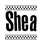 The clipart image displays the text Shea in a bold, stylized font. It is enclosed in a rectangular border with a checkerboard pattern running below and above the text, similar to a finish line in racing. 