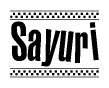 The image contains the text Sayuri in a bold, stylized font, with a checkered flag pattern bordering the top and bottom of the text.