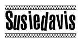 The image is a black and white clipart of the text Susiedavis in a bold, italicized font. The text is bordered by a dotted line on the top and bottom, and there are checkered flags positioned at both ends of the text, usually associated with racing or finishing lines.