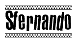 The image is a black and white clipart of the text Sfernando in a bold, italicized font. The text is bordered by a dotted line on the top and bottom, and there are checkered flags positioned at both ends of the text, usually associated with racing or finishing lines.