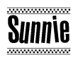 The image contains the text Sunnie in a bold, stylized font, with a checkered flag pattern bordering the top and bottom of the text.