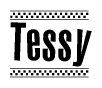 The clipart image displays the text Tessy in a bold, stylized font. It is enclosed in a rectangular border with a checkerboard pattern running below and above the text, similar to a finish line in racing. 