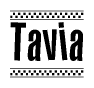 The image contains the text Tavia in a bold, stylized font, with a checkered flag pattern bordering the top and bottom of the text.