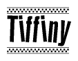 The clipart image displays the text Tiffiny in a bold, stylized font. It is enclosed in a rectangular border with a checkerboard pattern running below and above the text, similar to a finish line in racing. 