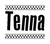 The image is a black and white clipart of the text Tenna in a bold, italicized font. The text is bordered by a dotted line on the top and bottom, and there are checkered flags positioned at both ends of the text, usually associated with racing or finishing lines.