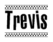 The image contains the text Trevis in a bold, stylized font, with a checkered flag pattern bordering the top and bottom of the text.