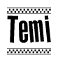 The clipart image displays the text Temi in a bold, stylized font. It is enclosed in a rectangular border with a checkerboard pattern running below and above the text, similar to a finish line in racing. 