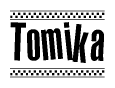 The clipart image displays the text Tomika in a bold, stylized font. It is enclosed in a rectangular border with a checkerboard pattern running below and above the text, similar to a finish line in racing. 