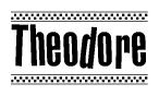 The image is a black and white clipart of the text Theodore in a bold, italicized font. The text is bordered by a dotted line on the top and bottom, and there are checkered flags positioned at both ends of the text, usually associated with racing or finishing lines.
