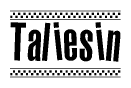 The image contains the text Taliesin in a bold, stylized font, with a checkered flag pattern bordering the top and bottom of the text.