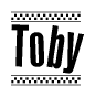 The image is a black and white clipart of the text Toby in a bold, italicized font. The text is bordered by a dotted line on the top and bottom, and there are checkered flags positioned at both ends of the text, usually associated with racing or finishing lines.
