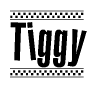 The image is a black and white clipart of the text Tiggy in a bold, italicized font. The text is bordered by a dotted line on the top and bottom, and there are checkered flags positioned at both ends of the text, usually associated with racing or finishing lines.
