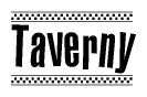 The image contains the text Taverny in a bold, stylized font, with a checkered flag pattern bordering the top and bottom of the text.