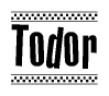 The clipart image displays the text Todor in a bold, stylized font. It is enclosed in a rectangular border with a checkerboard pattern running below and above the text, similar to a finish line in racing. 