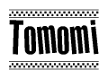 The image contains the text Tomomi in a bold, stylized font, with a checkered flag pattern bordering the top and bottom of the text.