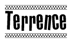 The clipart image displays the text Terrence in a bold, stylized font. It is enclosed in a rectangular border with a checkerboard pattern running below and above the text, similar to a finish line in racing. 