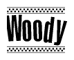 The image contains the text Woody in a bold, stylized font, with a checkered flag pattern bordering the top and bottom of the text.