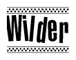 The image is a black and white clipart of the text Wilder in a bold, italicized font. The text is bordered by a dotted line on the top and bottom, and there are checkered flags positioned at both ends of the text, usually associated with racing or finishing lines.