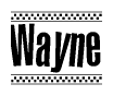 The clipart image displays the text Wayne in a bold, stylized font. It is enclosed in a rectangular border with a checkerboard pattern running below and above the text, similar to a finish line in racing. 