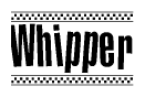   The image is a black and white clipart of the text Whipper in a bold, italicized font. The text is bordered by a dotted line on the top and bottom, and there are checkered flags positioned at both ends of the text, usually associated with racing or finishing lines. 