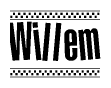 The clipart image displays the text Willem in a bold, stylized font. It is enclosed in a rectangular border with a checkerboard pattern running below and above the text, similar to a finish line in racing. 