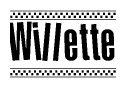 The image contains the text Willette in a bold, stylized font, with a checkered flag pattern bordering the top and bottom of the text.