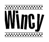 The image is a black and white clipart of the text Wincy in a bold, italicized font. The text is bordered by a dotted line on the top and bottom, and there are checkered flags positioned at both ends of the text, usually associated with racing or finishing lines.