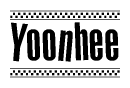 The image contains the text Yoonhee in a bold, stylized font, with a checkered flag pattern bordering the top and bottom of the text.