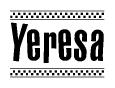The image is a black and white clipart of the text Yeresa in a bold, italicized font. The text is bordered by a dotted line on the top and bottom, and there are checkered flags positioned at both ends of the text, usually associated with racing or finishing lines.