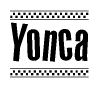 The image is a black and white clipart of the text Yonca in a bold, italicized font. The text is bordered by a dotted line on the top and bottom, and there are checkered flags positioned at both ends of the text, usually associated with racing or finishing lines.