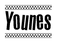 The image contains the text Younes in a bold, stylized font, with a checkered flag pattern bordering the top and bottom of the text.