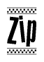 The image contains the text Zip in a bold, stylized font, with a checkered flag pattern bordering the top and bottom of the text.