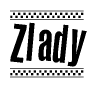 The image is a black and white clipart of the text Zlady in a bold, italicized font. The text is bordered by a dotted line on the top and bottom, and there are checkered flags positioned at both ends of the text, usually associated with racing or finishing lines.