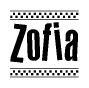 The image is a black and white clipart of the text Zofia in a bold, italicized font. The text is bordered by a dotted line on the top and bottom, and there are checkered flags positioned at both ends of the text, usually associated with racing or finishing lines.