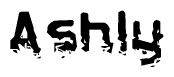 This nametag says Ashly, and has a static looking effect at the bottom of the words. The words are in a stylized font.