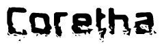 The image contains the word Coretha in a stylized font with a static looking effect at the bottom of the words