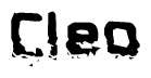 This nametag says Cleo, and has a static looking effect at the bottom of the words. The words are in a stylized font.