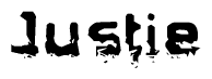 The image contains the word Justie in a stylized font with a static looking effect at the bottom of the words
