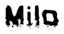 This nametag says Milo, and has a static looking effect at the bottom of the words. The words are in a stylized font.