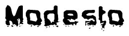 The image contains the word Modesto in a stylized font with a static looking effect at the bottom of the words