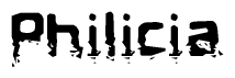 This nametag says Philicia, and has a static looking effect at the bottom of the words. The words are in a stylized font.