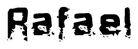 This nametag says Rafael, and has a static looking effect at the bottom of the words. The words are in a stylized font.