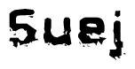 This nametag says Suej, and has a static looking effect at the bottom of the words. The words are in a stylized font.
