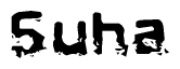 This nametag says Suha, and has a static looking effect at the bottom of the words. The words are in a stylized font.
