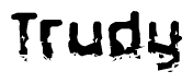 This nametag says Trudy, and has a static looking effect at the bottom of the words. The words are in a stylized font.