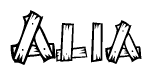 The clipart image shows the name Alia stylized to look as if it has been constructed out of wooden planks or logs. Each letter is designed to resemble pieces of wood.