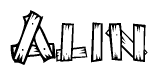 The clipart image shows the name Alin stylized to look as if it has been constructed out of wooden planks or logs. Each letter is designed to resemble pieces of wood.