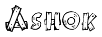 The image contains the name Ashok written in a decorative, stylized font with a hand-drawn appearance. The lines are made up of what appears to be planks of wood, which are nailed together