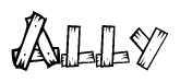 The image contains the name Ally written in a decorative, stylized font with a hand-drawn appearance. The lines are made up of what appears to be planks of wood, which are nailed together
